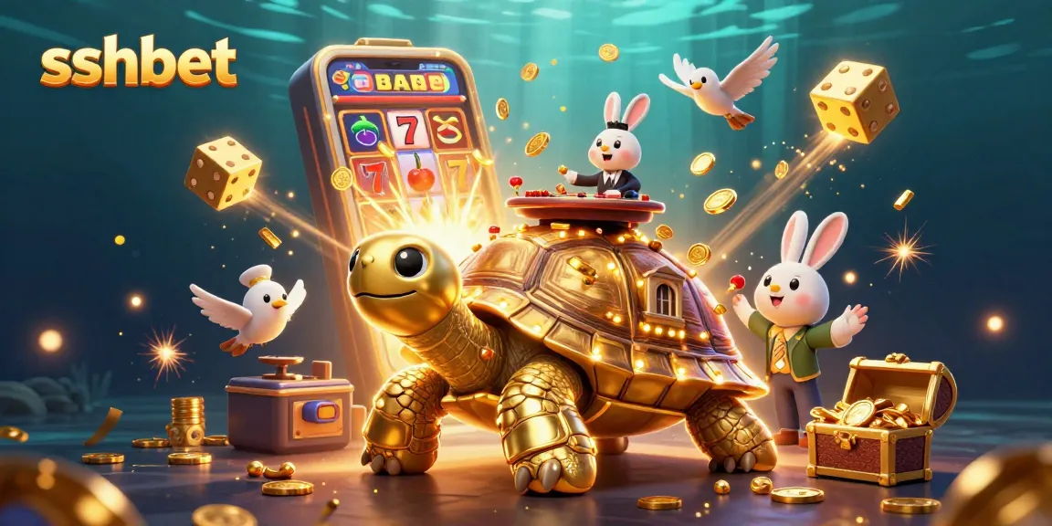 Experience sshbet's dynamic casino environment with a golden tortoise and jackpot-filled slot machine.