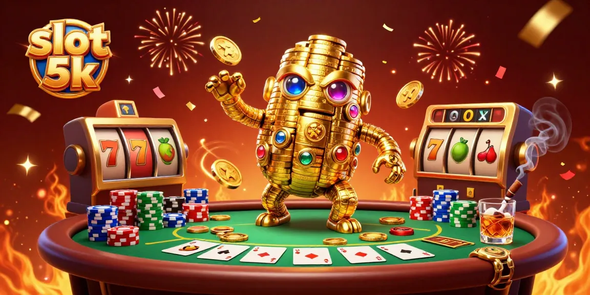 Spin to win with slot 5k while surrounded by a vibrant casino scene filled with golden golems, poker chips, and exciting slots.