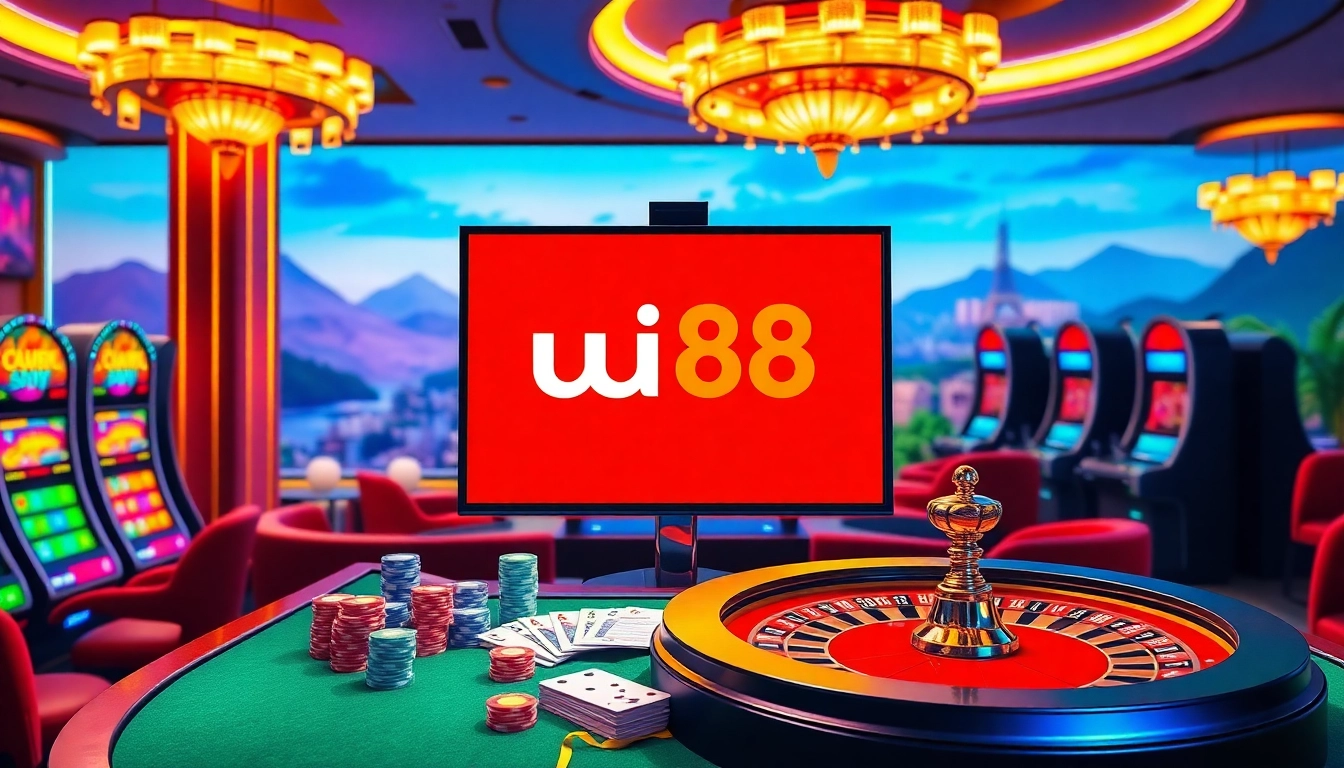 Exciting online gambling scene featuring uu88 logo and a variety of casino elements.