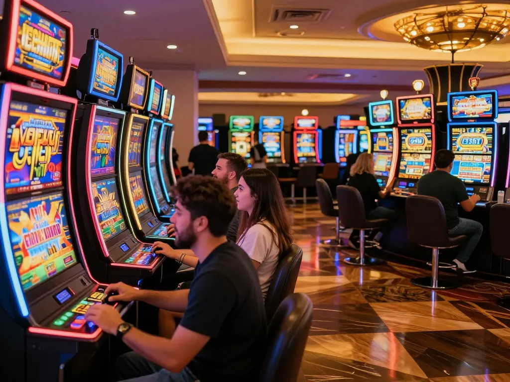 Engaging players enjoying the colorful kerajaanslot machines in a bustling casino.
