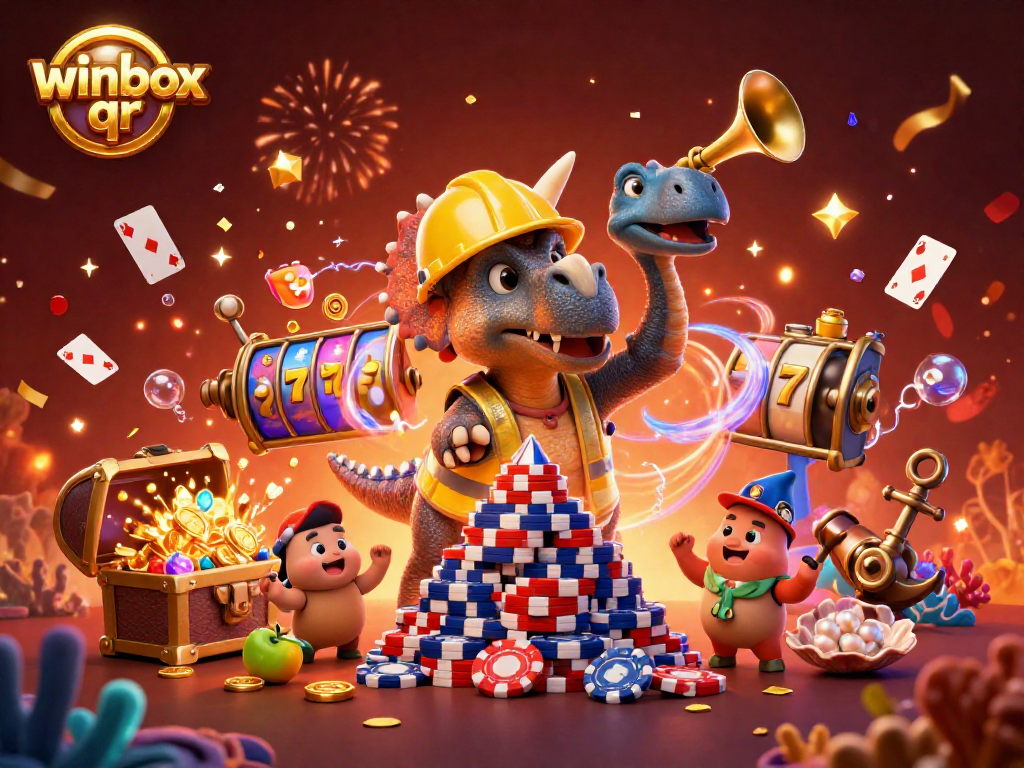 Celebrate wins with winbox qr in this vibrant casino-themed illustration full of games and excitement.