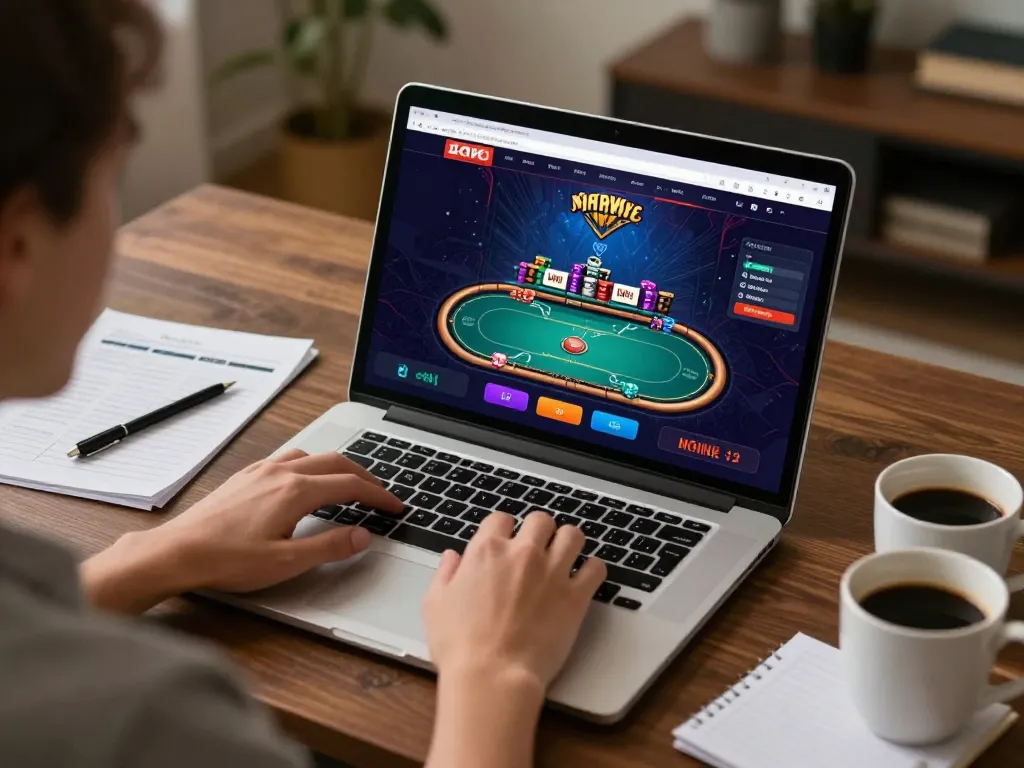 Player engaging in online poker at home, with dh88 showcasing strategic gameplay and sophisticated interface
