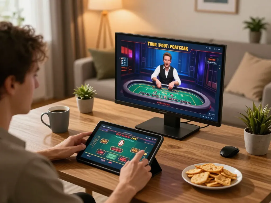 Pemain menikmati permainan kasino online interaktif 88Pulsa di tablet dalam suasana ruang tamu yang nyaman
