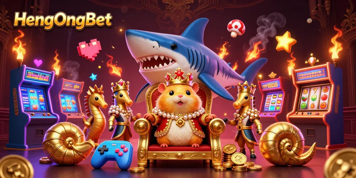 Engaging scene showcasing HengOngBet with a golden hamster king, arcade games, and slot symbols.