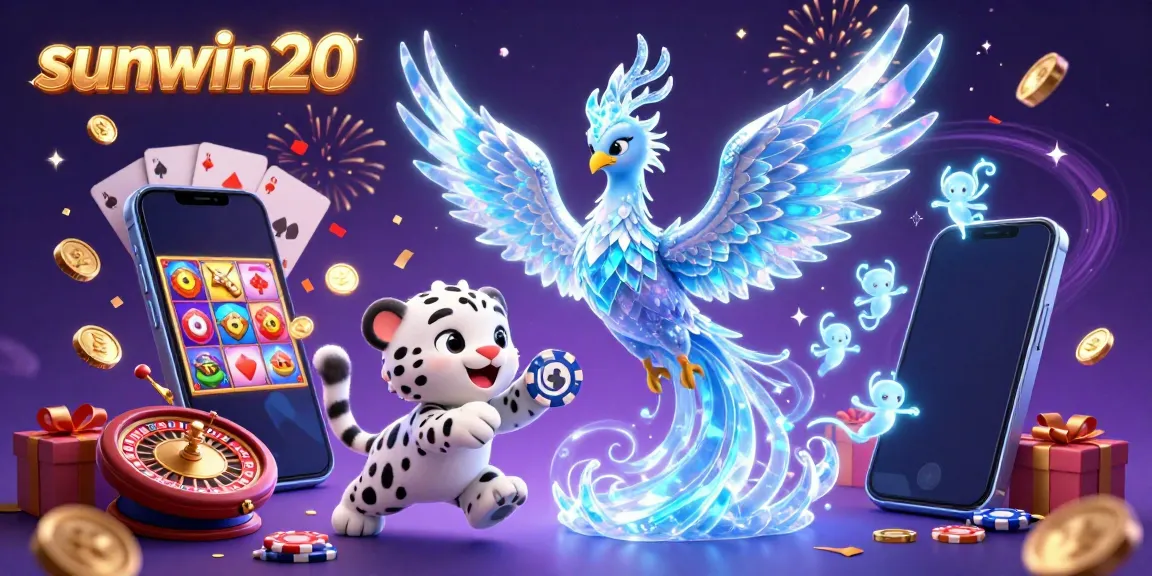 Engaging portrayal of sunwin20 with an ice phoenix, snow leopard, and vibrant gambling elements.