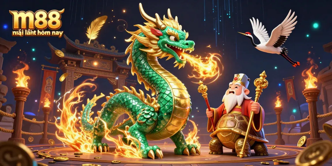 Tham gia với m88 mới nhất hôm nay featuring một con rồng ngọc mạnh mẽ và những con sếu may mắn trong một cảnh casino hấp dẫn.