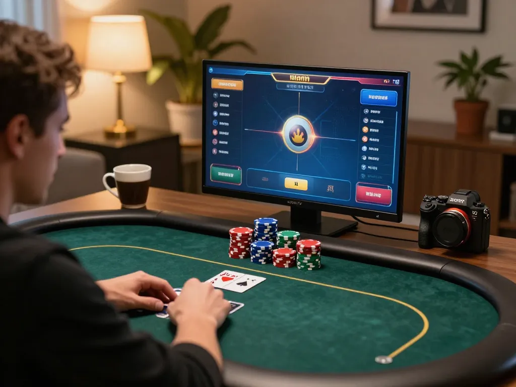 Togel sgp online poker players strategizing over virtual game interface in competitive home setting.