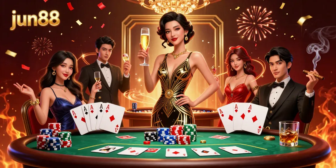 Experience thrilling gameplay at jun88 with elegant gaming decor, poker chips, and vibrant atmosphere.