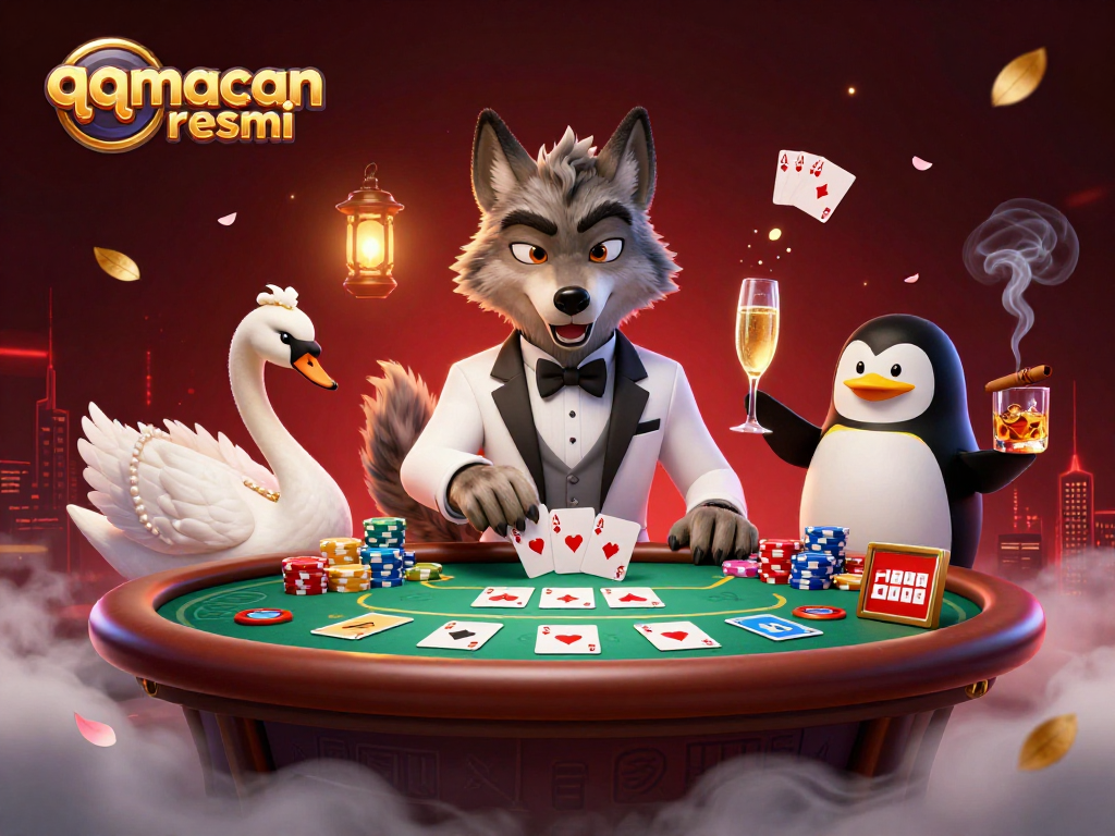 Experience top-tier gambling with qqmacan resmi as the wolf deals cards at an upscale baccarat table.