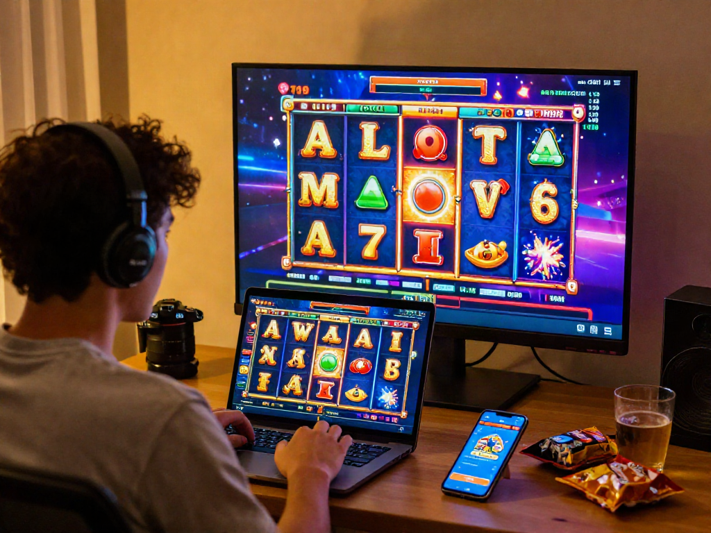 Engaging slot online experience featuring a player spinning virtual slot machines in a cozy setting.