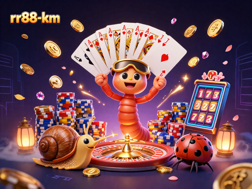 rr88-km showcases a lively casino scene with a millipede dealer and high-roller snail amidst golden coins.