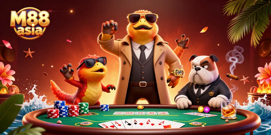 Engage in exciting poker battles at M88 asia with colorful chips, cards, and vibrant casino atmosphere.