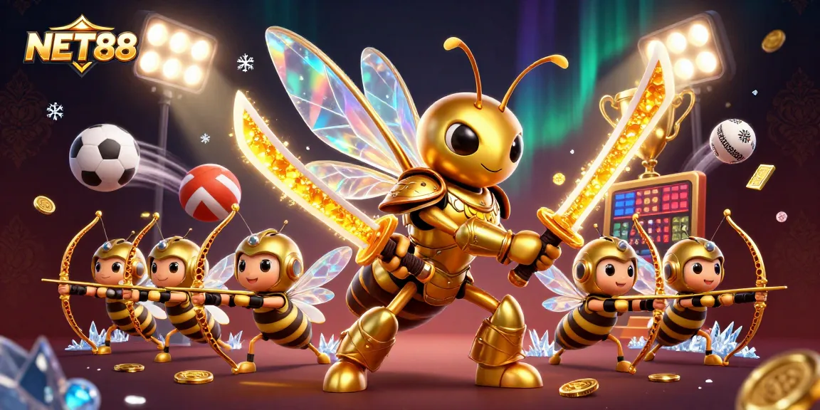 NET88 exclusive gaming scene with a golden hornet samurai and dynamic sports betting elements