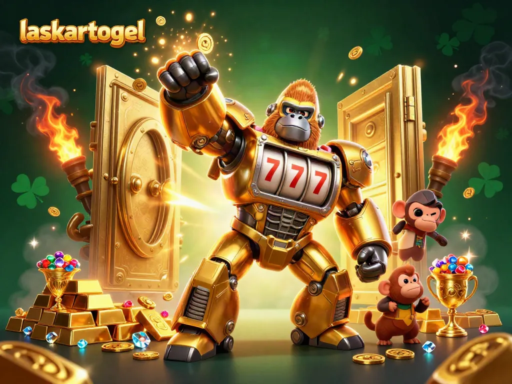 Experience thrilling luck at laskartogel with dynamic visuals of a golden gorilla mech and sparkling treasures.