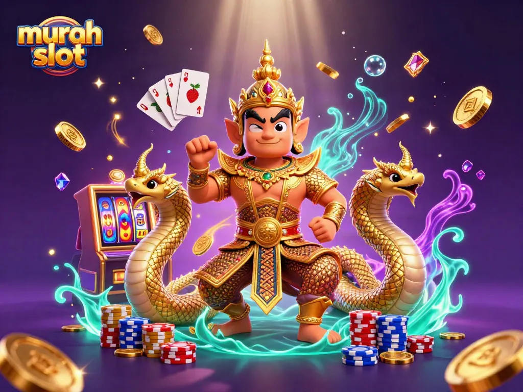 Bermain murah slot dengan simbol buah dan tumpukan chip berwarna-warni di dunia kasino digital.