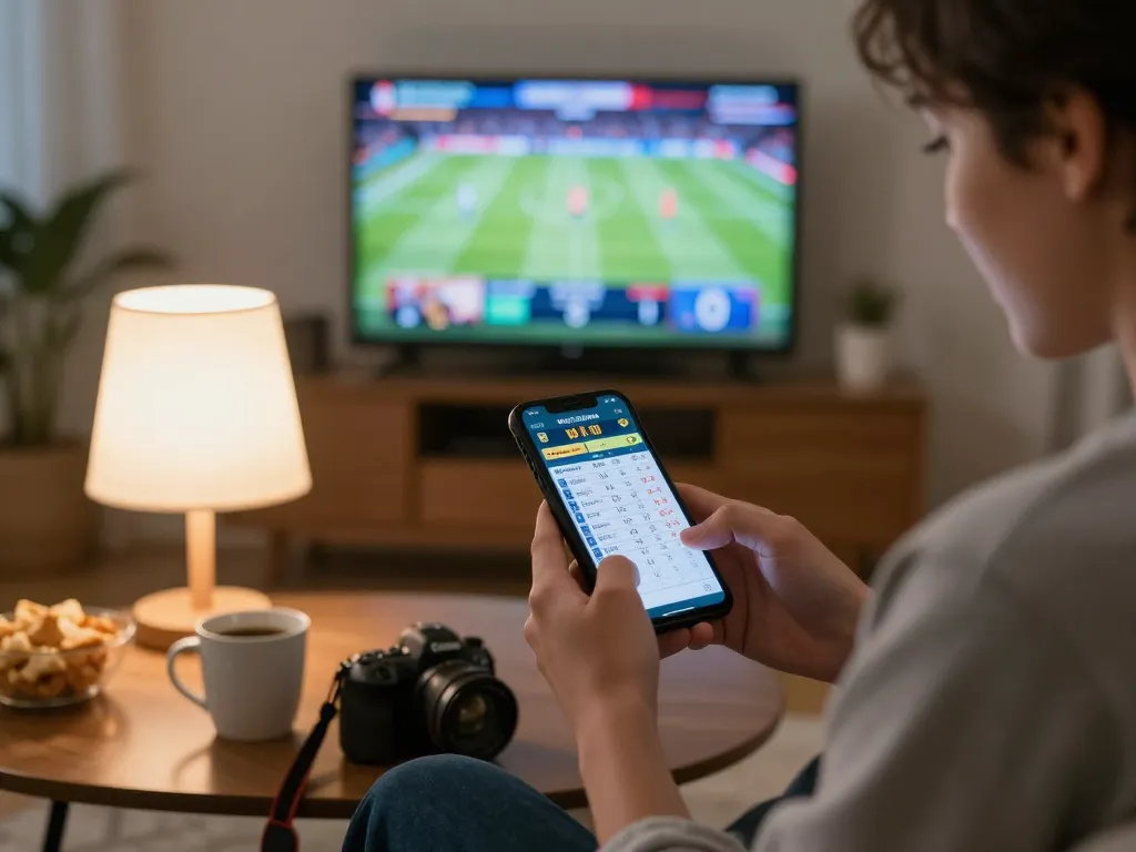 Person enjoying sports betting on ph365.cx mobile app at home with snacks and drinks.