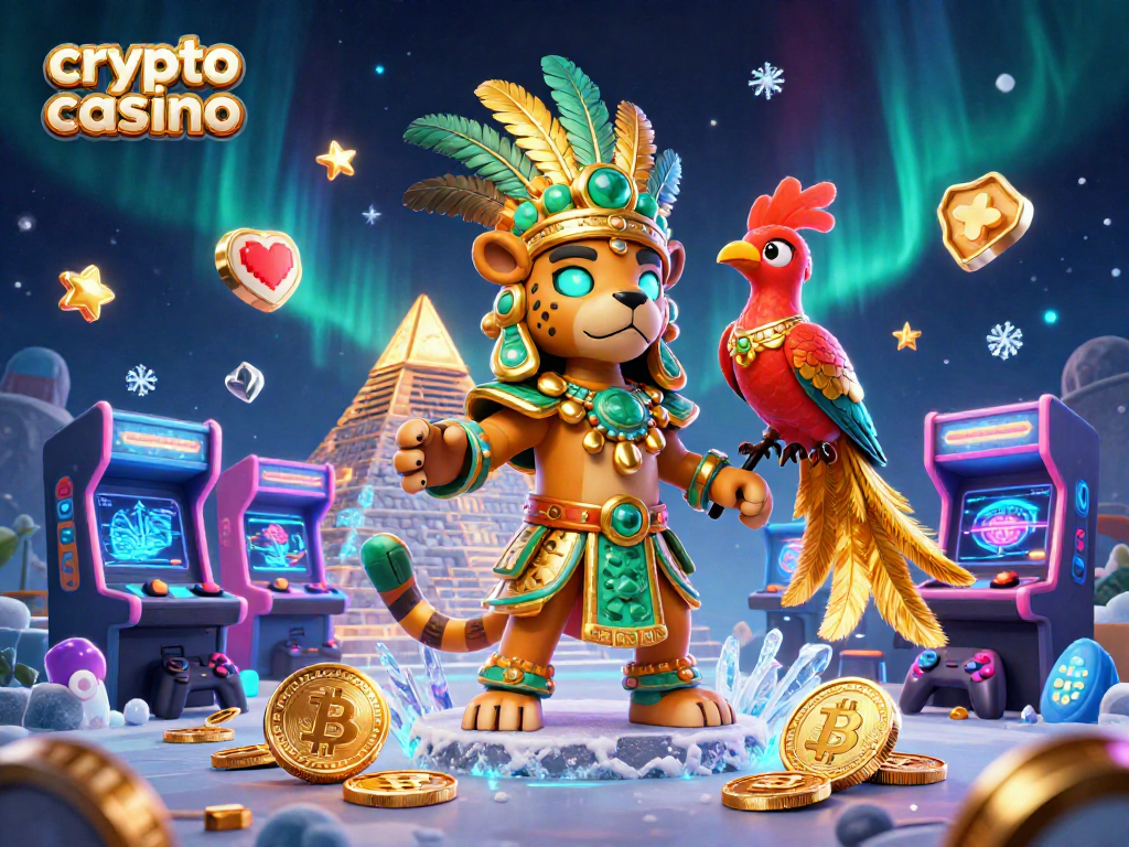 Engaging scene from a crypto casino showing dynamic Mayan characters and currency icons.