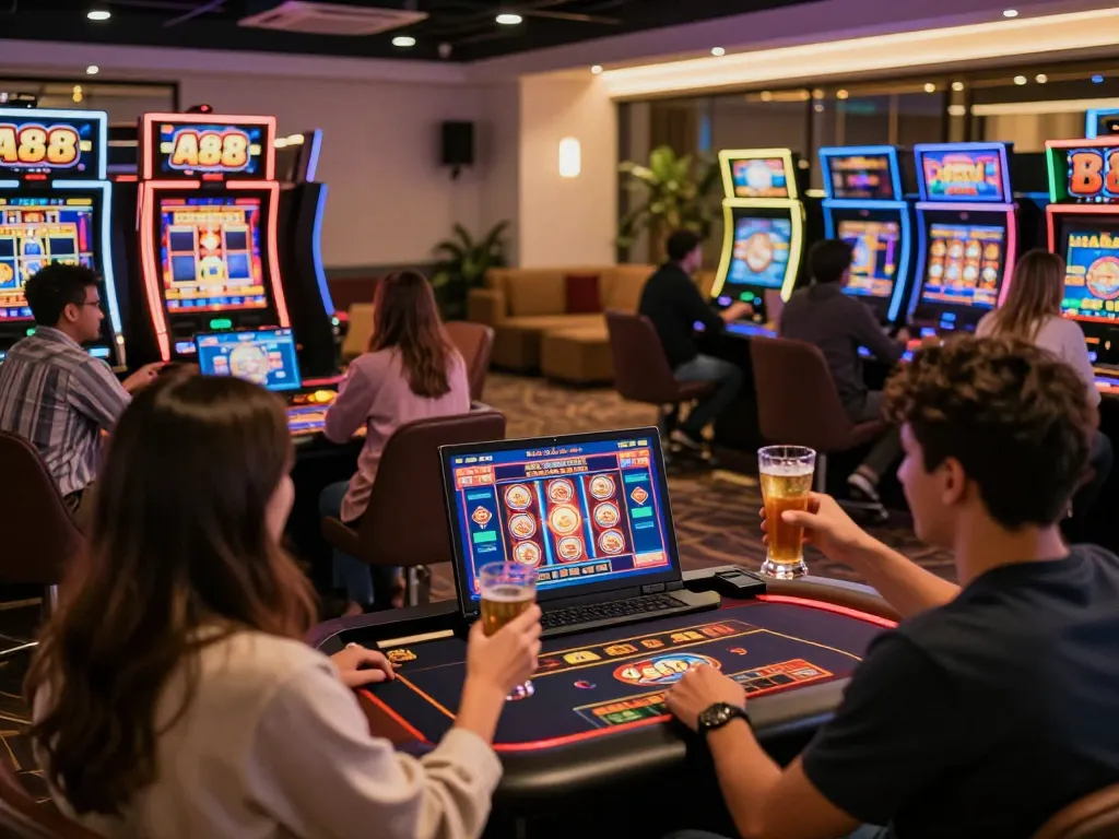 Players enjoying slot88 games in an immersive online casino setup, celebrating wins with drinks and excitement.