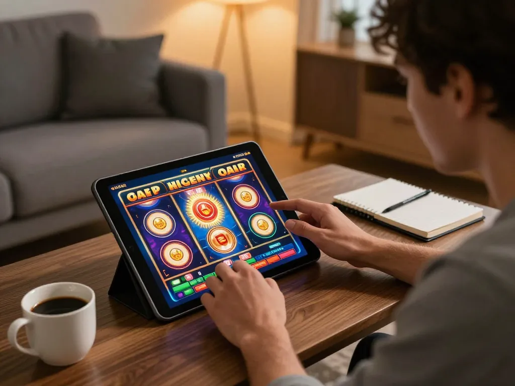 KONG88 player engaging with dynamic slot games on a tablet in a cozy living room setting