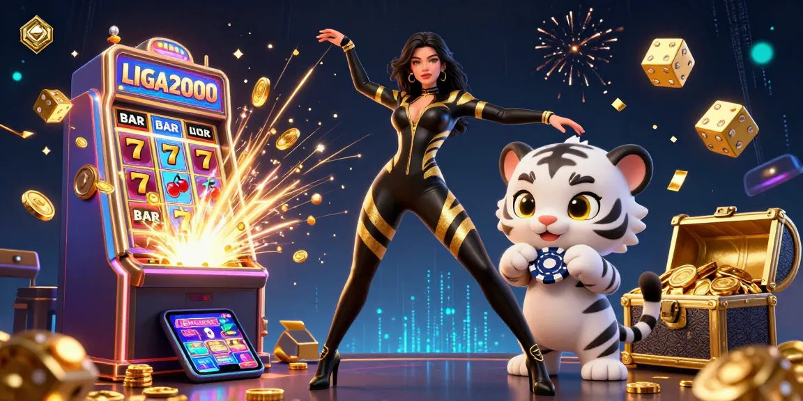 Pengalaman slot LIGA2000 dengan seorang wanita akrobat yang menawan dan harimau bayi yang ceria di sebuah adegan kasino yang penuh warna.