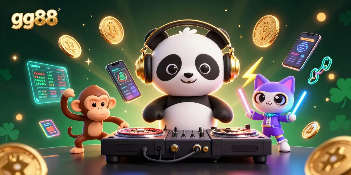 Spin and win with gg88 at this dynamic casino scene featuring a DJ panda and vibrant characters.