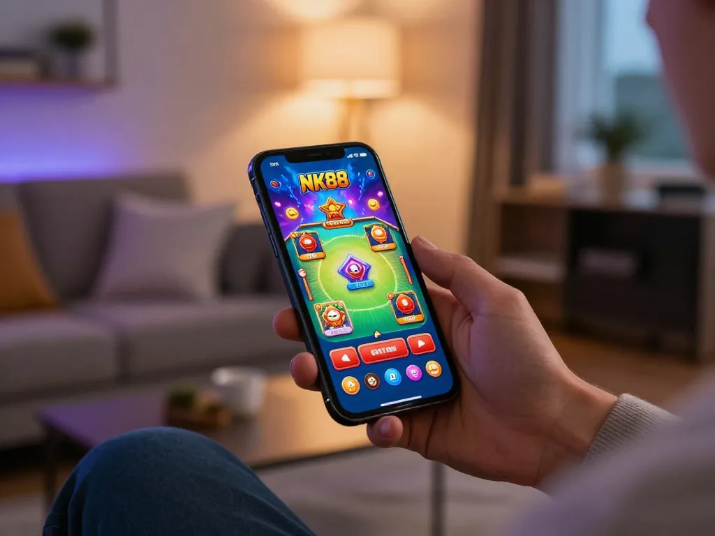 Engaging user enjoying the NK88 casino app on their smartphone in a cozy home environment
