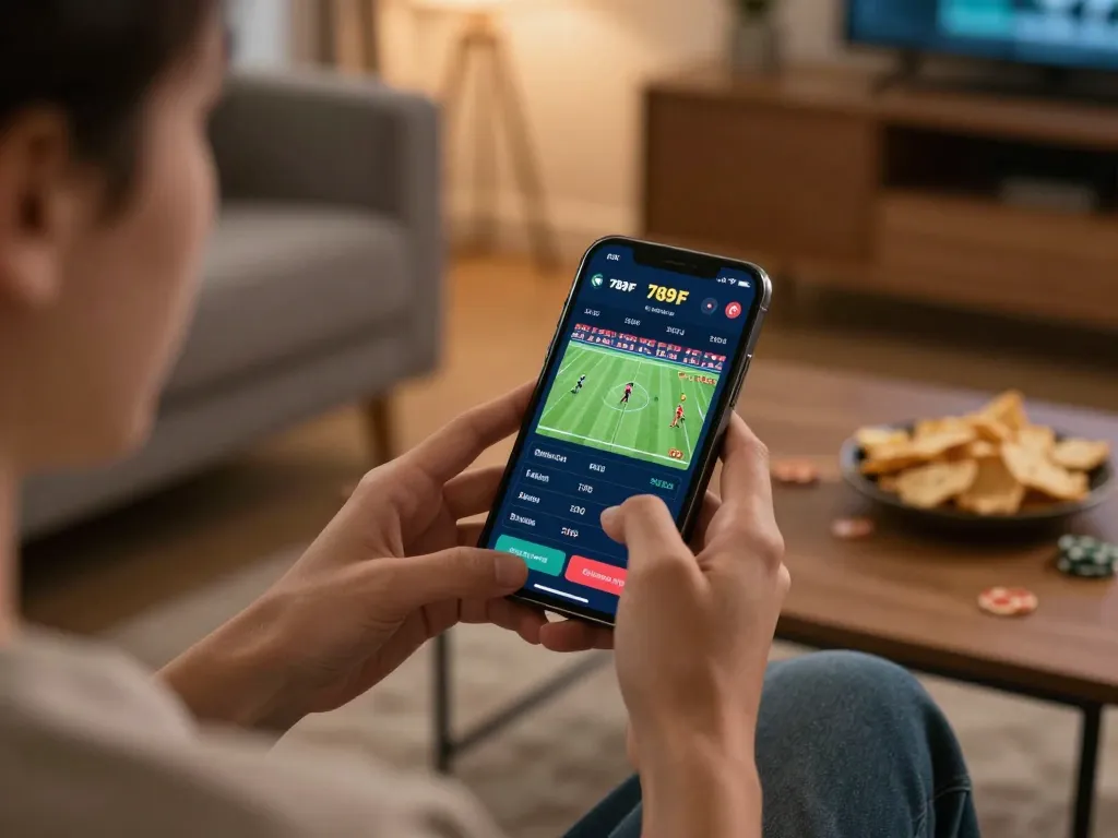Experience the thrill of sports betting with 789F on your smartphone in a cozy home environment.