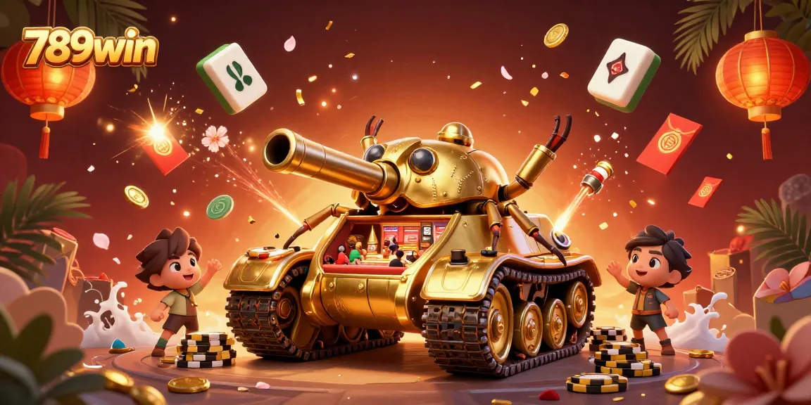 Engage with 789win vip in a lively 3D casino scene featuring a golden beetle tank and vibrant elements.