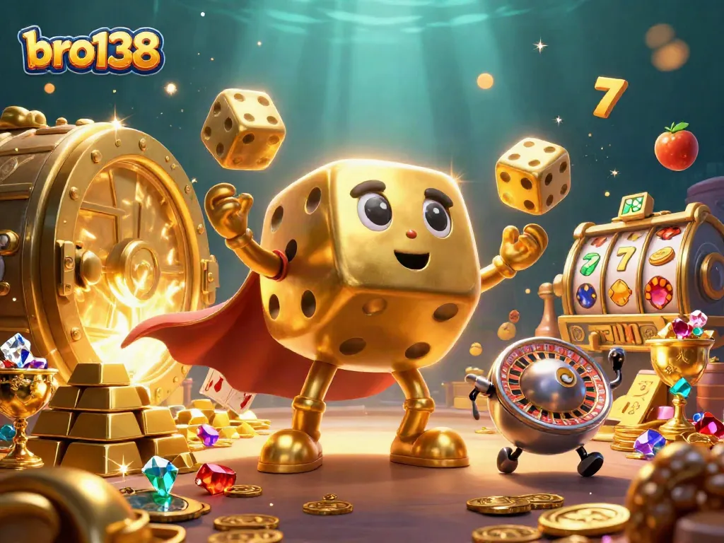 Play on bro138's vibrant slot scene featuring golden treasures and dynamic casino elements.
