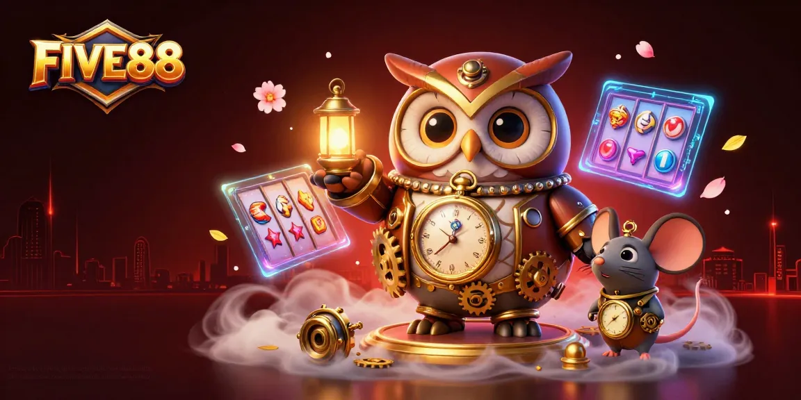 Experience the excitement of FIVE88 with dynamic slot reels and animated characters in a captivating casino setting.