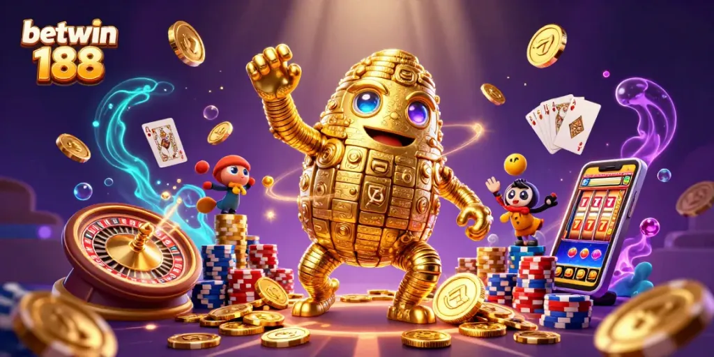 Win big with betwin 188 in this captivating casino scene featuring a magical golem and casino elements.