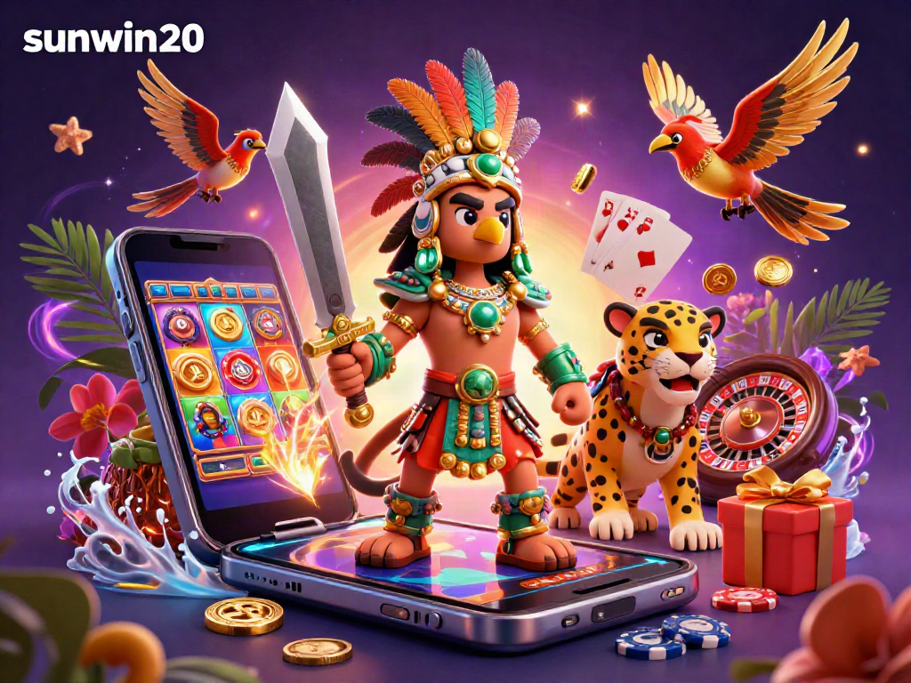 Experience the excitement of sunwin20 with a vibrant, action-packed 3D illustration featuring casino elements and characters.