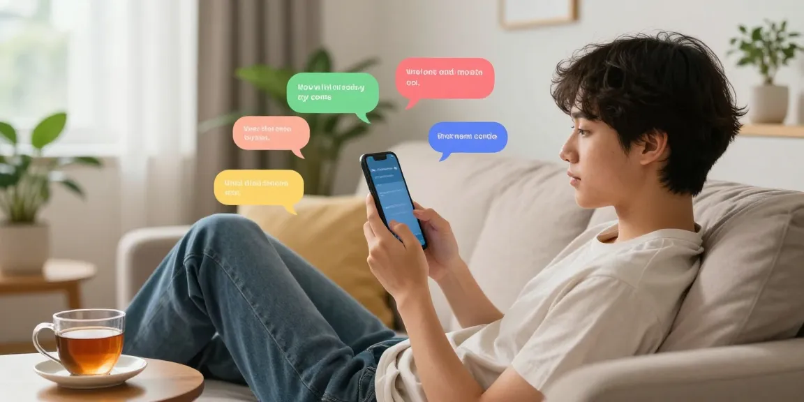 Engaging online chat scene illustrating شات تعب قلبي in a cozy environment, featuring a young person on a smartphone with heartwarming messages.