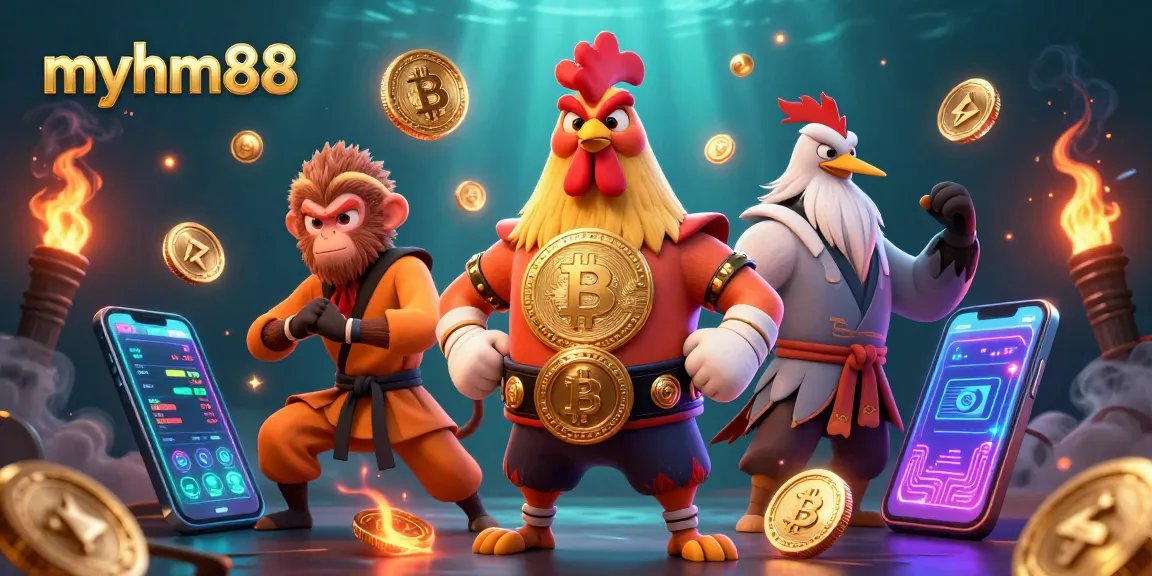 Engage in gaming excitement at myhm88 with a dynamic 3D illustration of Muay Thai rooster and martial artists.
