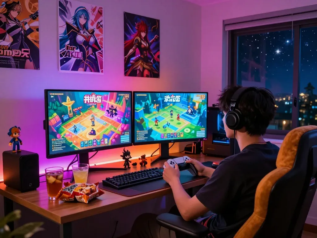 Enjoy thrilling porngames in a cozy gaming den with vibrant graphics and an immersive atmosphere.