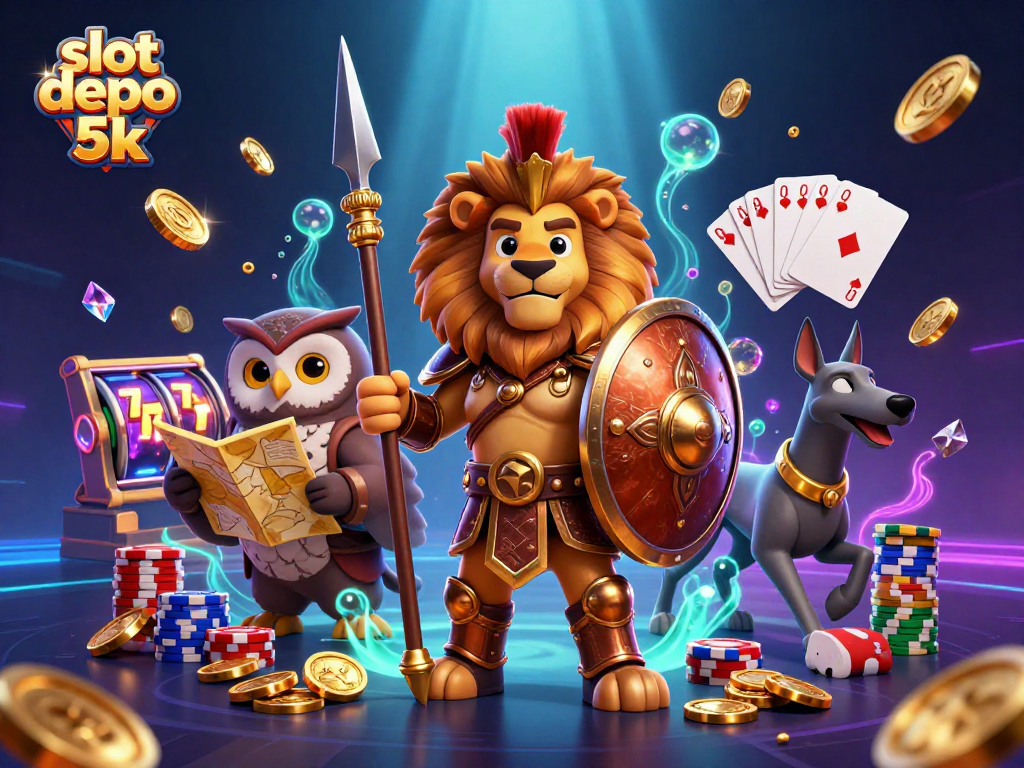Engage in thrilling gameplay at slot depo 5k with cascading coins and characters in a vibrant casino scene.