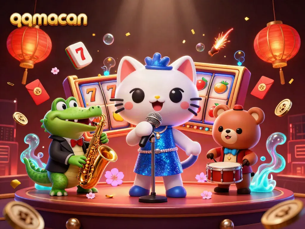 Watch qqmacan spin the jackpot on a vibrant casino stage with lively characters and dynamic game elements.