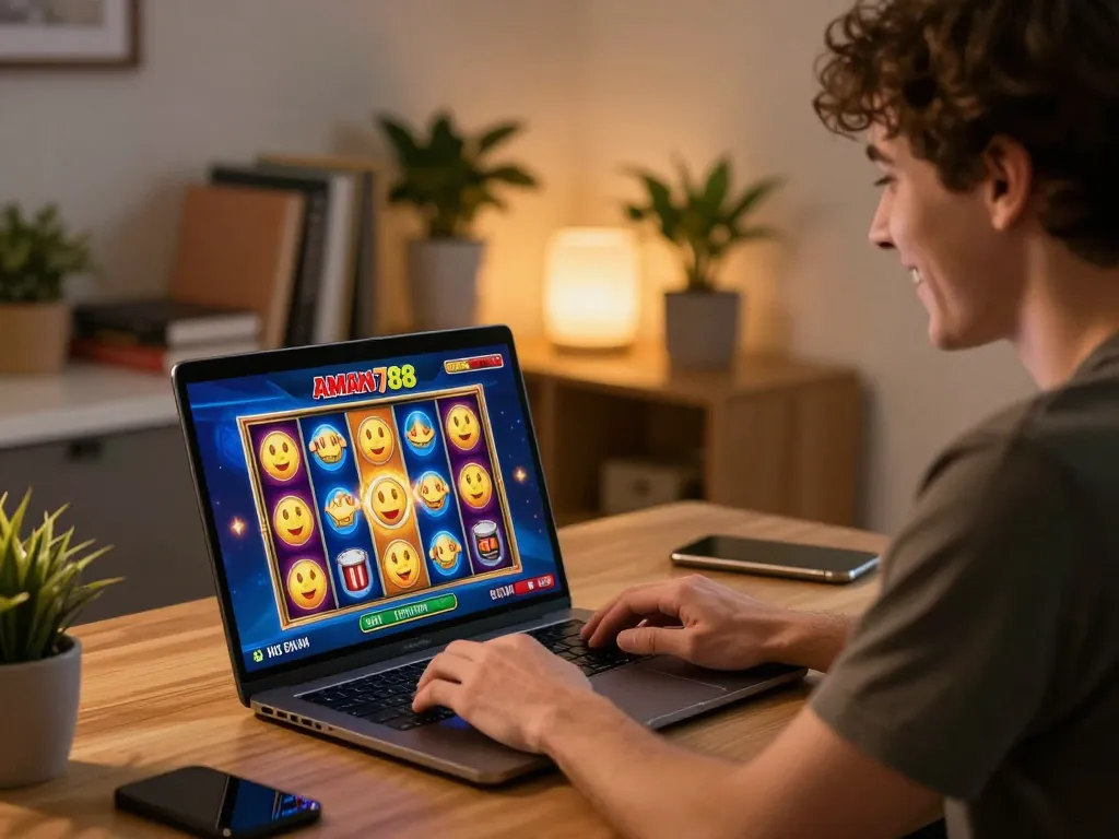 Seorang pemain menikmati permainan slot online aman788 di laptop mereka di rumah, menampilkan suasana yang cerah dan menarik.