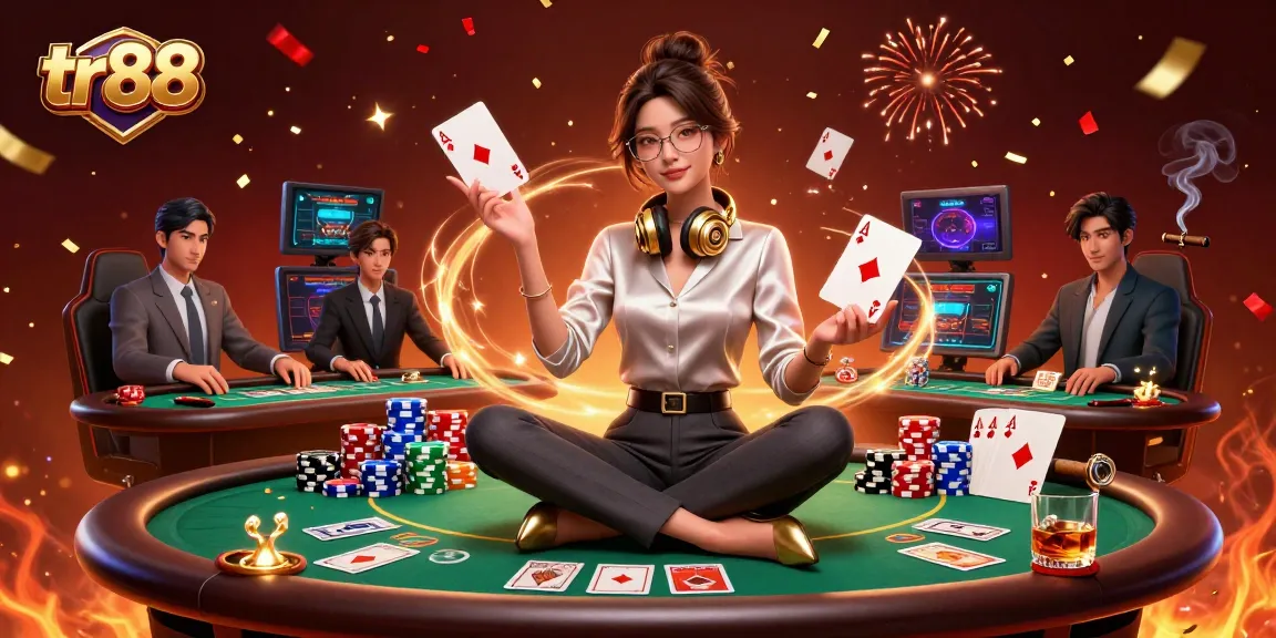 Experience thrilling gameplay at TR88 with poker champions, vibrant chips, and immersive casino ambiance.
