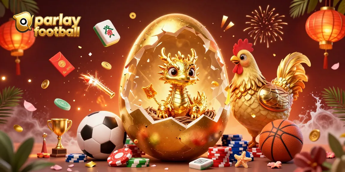 Engage with parlay football betting featuring a golden baby dragon amid exciting game elements and dynamic trophies.