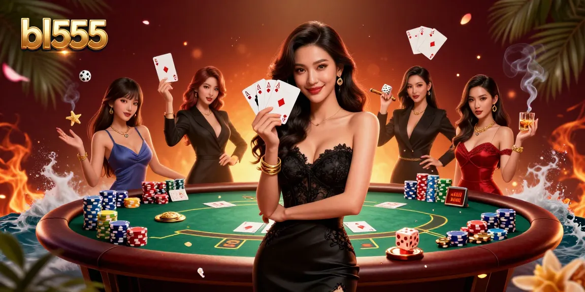 Engage with bl555's vibrant casino scene featuring an elegant woman holding playing cards.