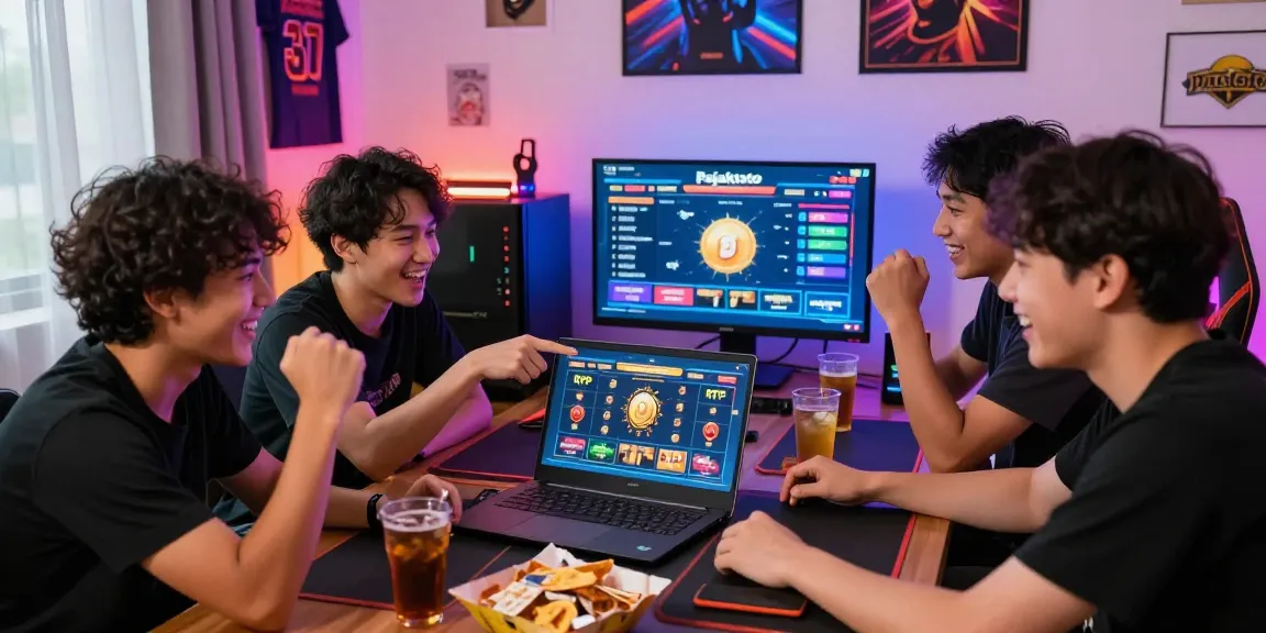 Friends enjoying a pajaktoto rtp gaming session with snacks and drinks in a vibrant atmosphere.