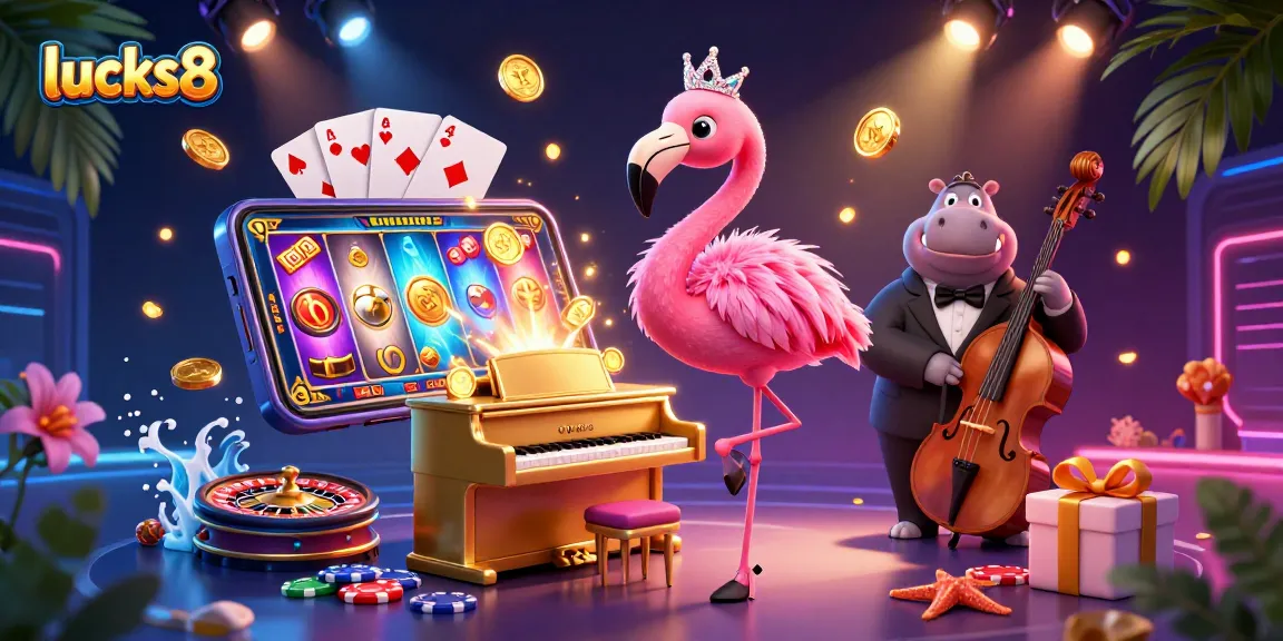 Experience the thrill while playing at lucks8 with a lively casino scene featuring vivid characters and games.