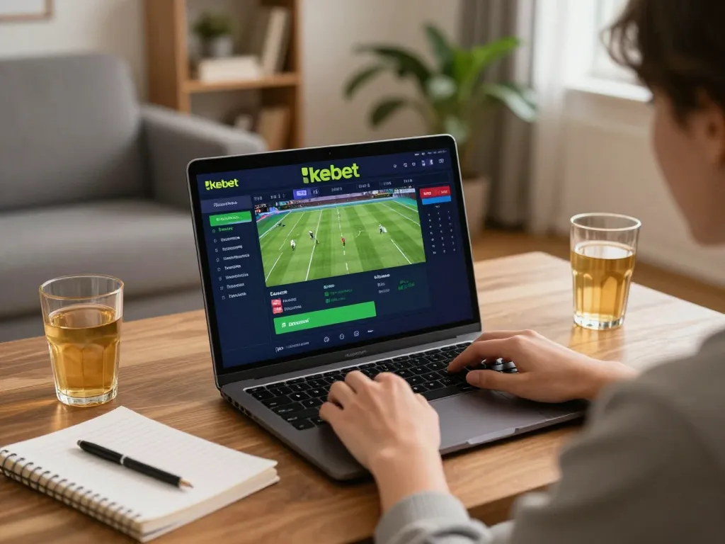 Kebet plataforma user engaging in online sports betting from a cozy home setup, showcasing vibrant atmosphere.