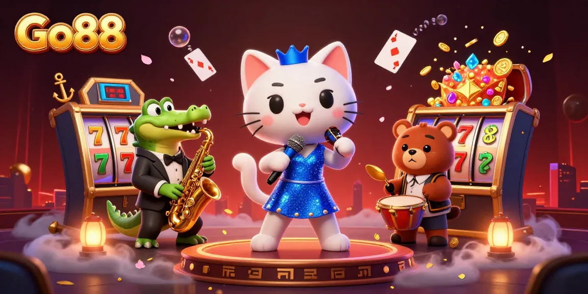Experience Go88's vibrant casino scene with a singing cat, saxophone crocodile, and lively bear, surrounded by slot elements.