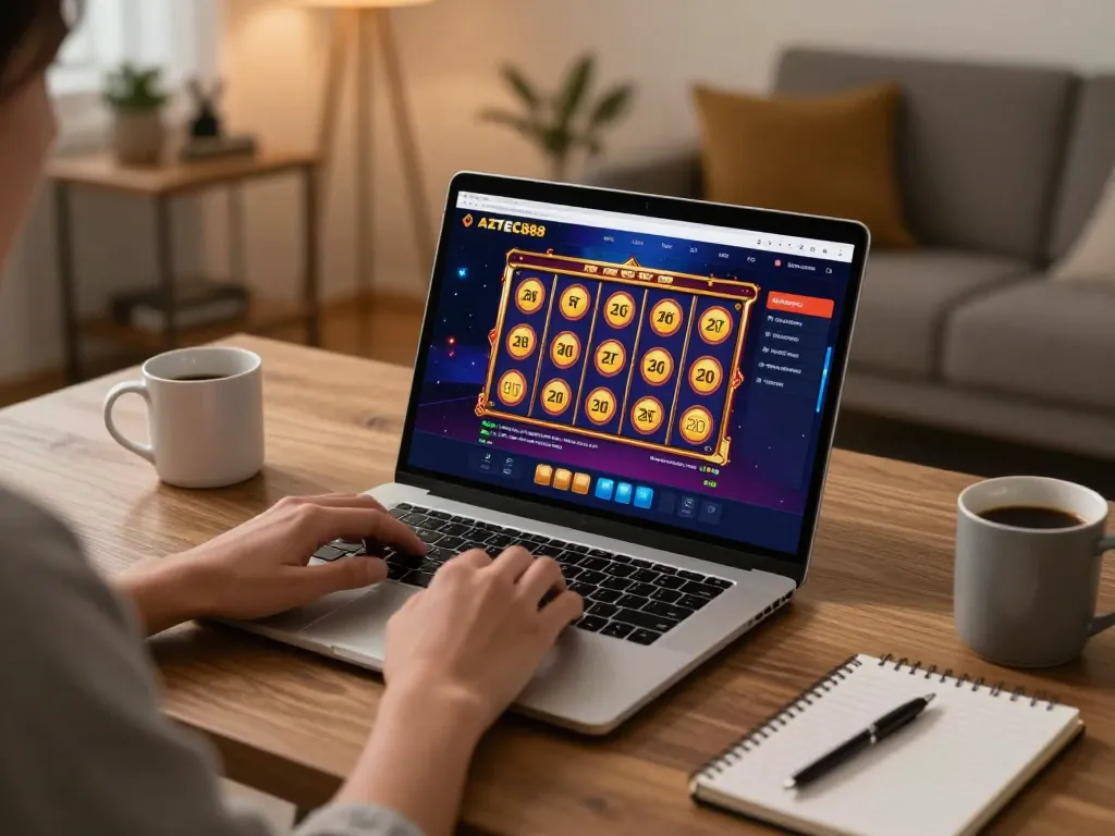 Player engaging with slot games on AZTEC888 platform in a modern gaming setup, highlighting online gambling experience.