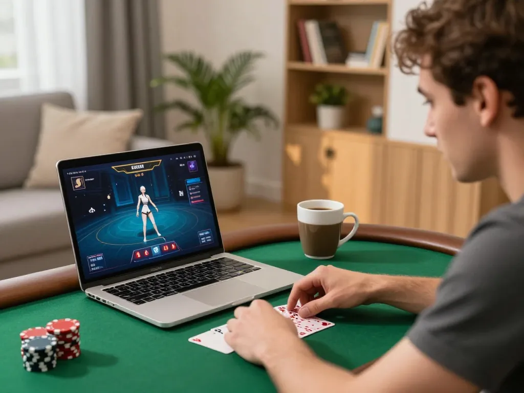 Engaging in a strategic poker game on king33 platform at home, showcasing laptop interface and cozy atmosphere.