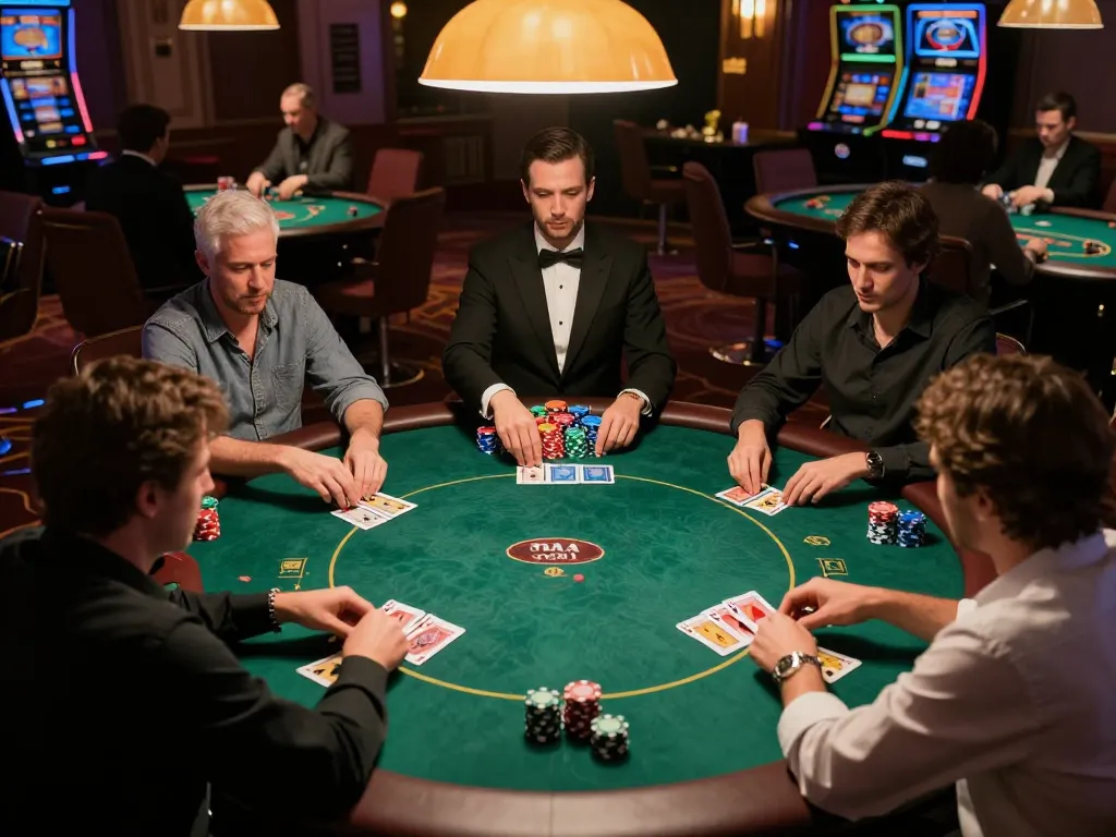 Engaged players strategizing their next move at an upscale poker table at 88AA COM casino.