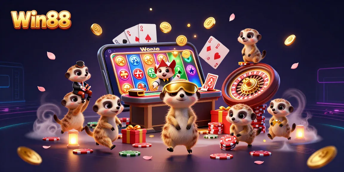 Experience Win88 with lively meerkats managing a vibrant casino scene filled with excitement and fun.