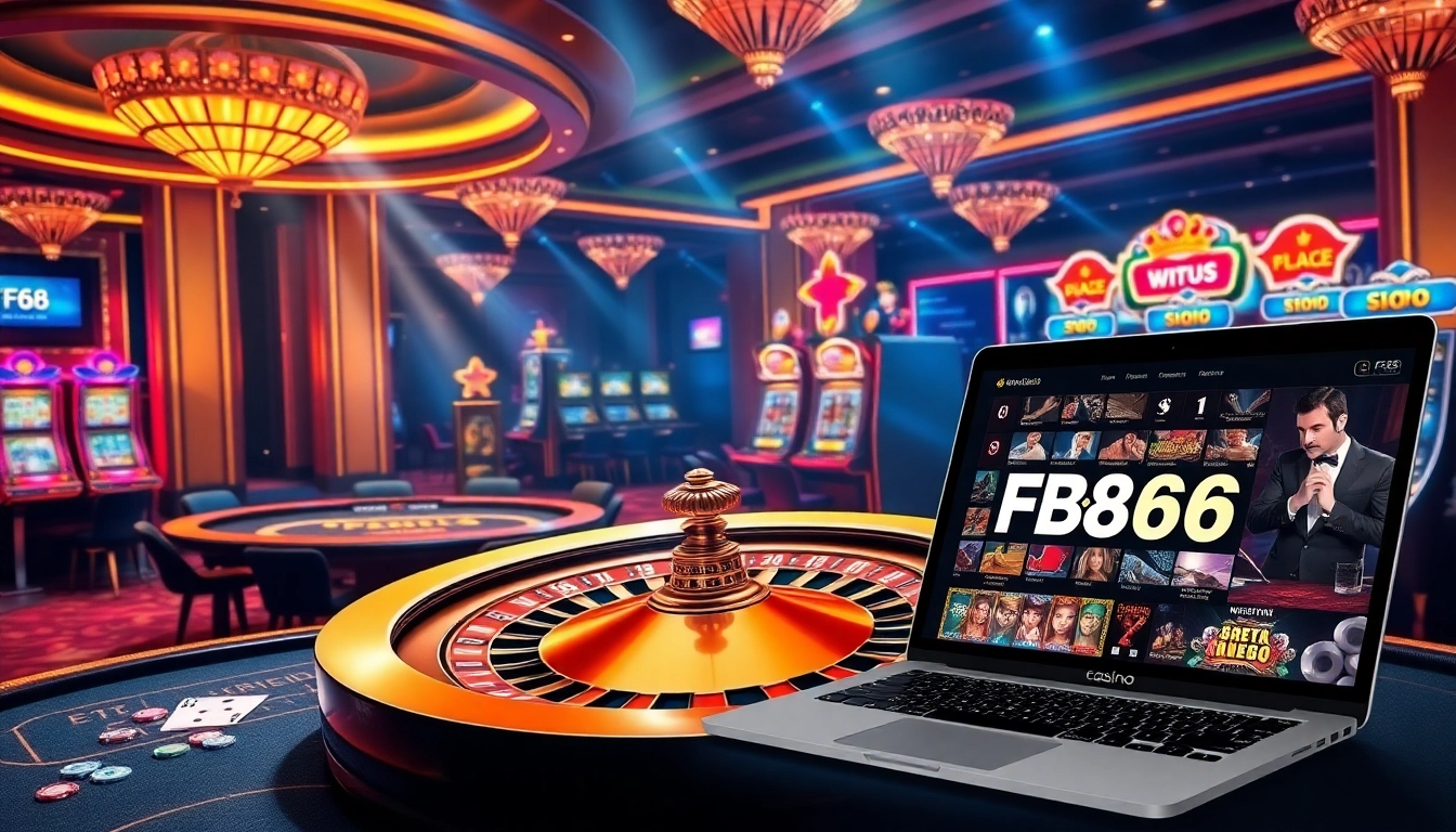 Engaging scene of FB68 casino excitement with roulette wheel, vibrant poker tables, and dynamic online gaming.